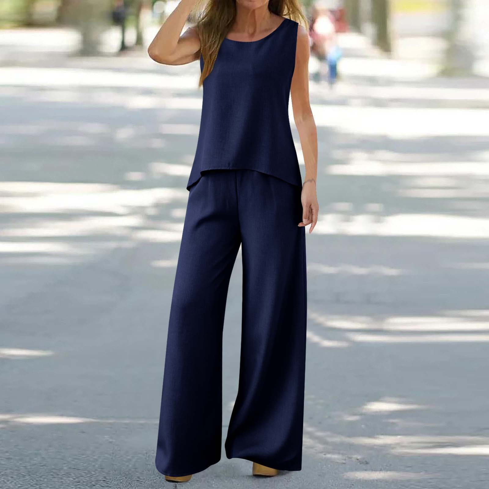 thumbnail image 2 of Conjunto de dos piezas de verano para mujer con chaleco sin mangas de color liso y espalda hueca de encaje - Poliéster, cuello cuadrado, pantalones de pierna ancha - Tallas S-XXL, 2 of 6